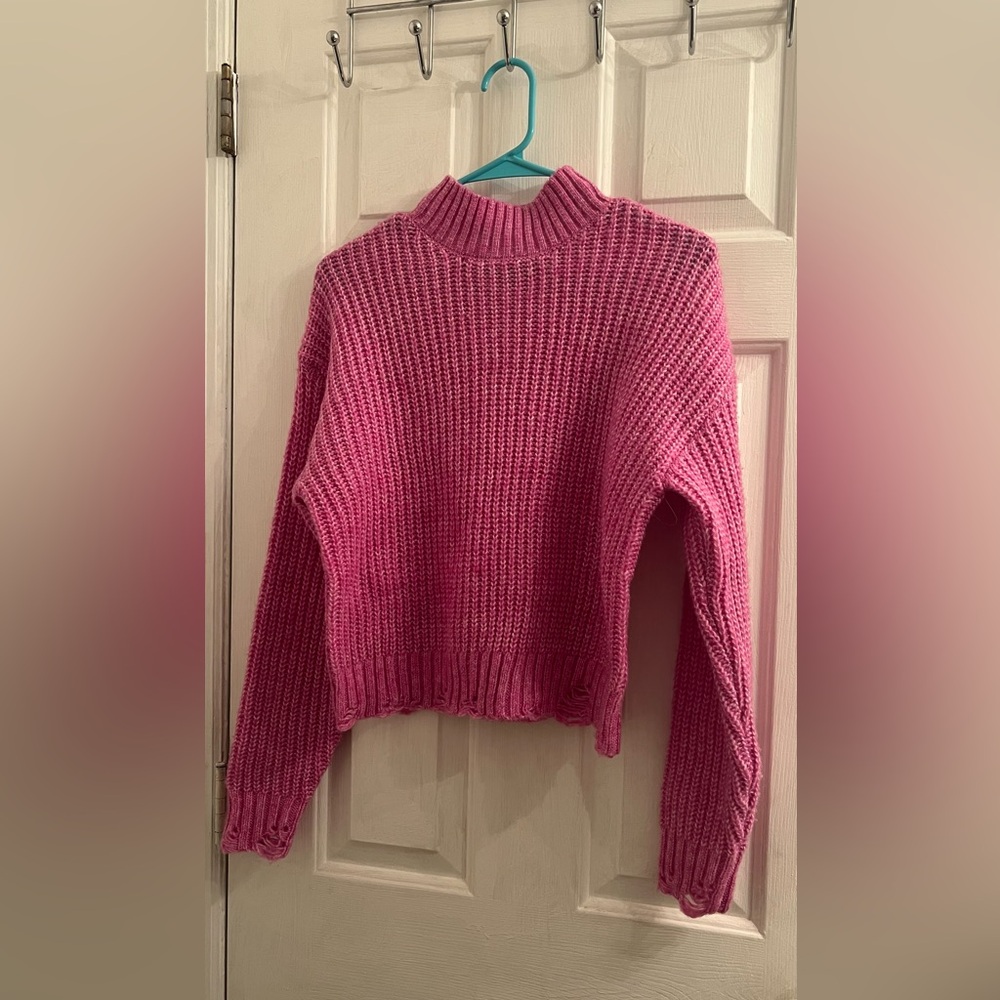 Size medium pink purple frayed distressed cropped crew long sleeve sweater